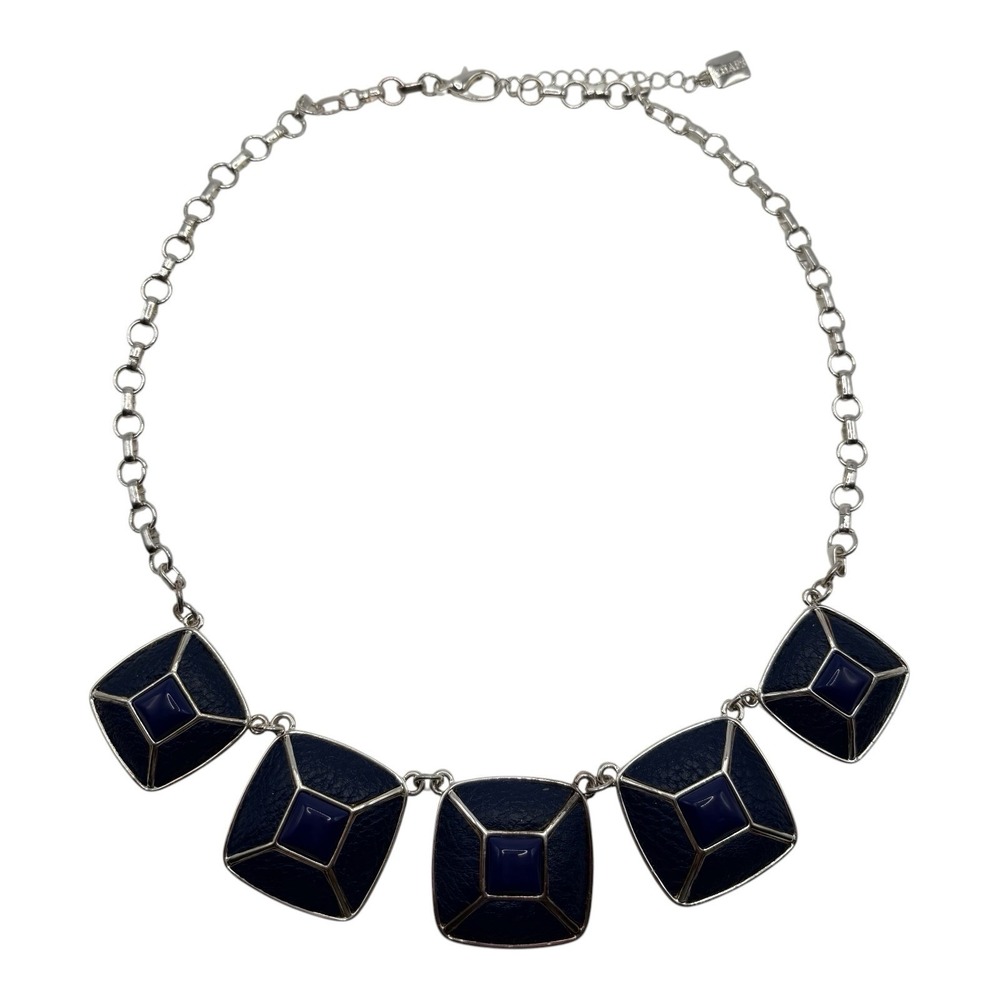 CHAPS Bib Necklace Ralph Lauren Navy Blue Faux Leather Silver Tone‎ Statement